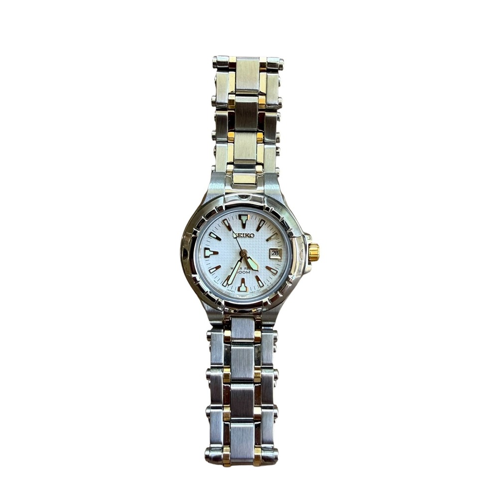 Seiko Womens Two Tone Stainless Steel Watch 7N82-0709 Sapphire 100M Date Box - Picture 4 of 10